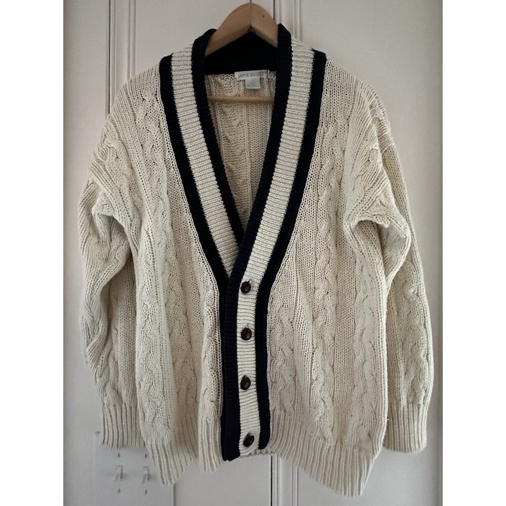 Jamie Scott Ramie Cotton Cable Knit Cardigan Womens S Ivory Navy Grandpa Preppy